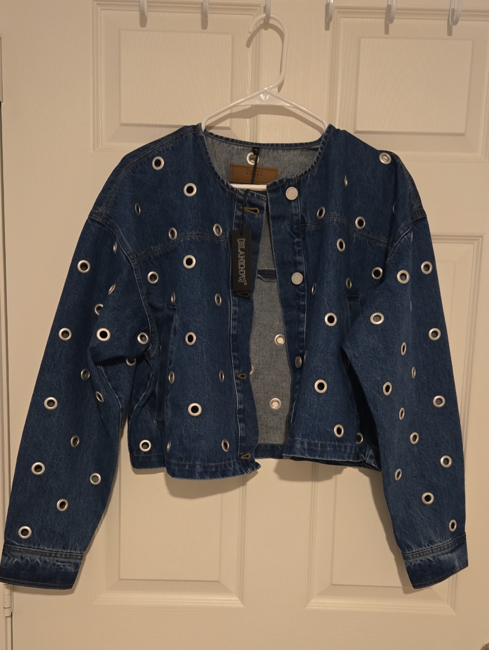 Blank NYC Dark Blue Eyelet-Embellished Denim Jacket - Picture 1 of 6